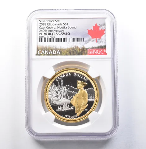 2018 Canada Silver Dollar Gilt Capt Cook Nootka Sound PF Set PF70 UCAM NGC a5836