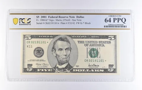 2001 $5 Dallas TX FRN Star Note Fr#1988-K Choice Unc 64 PPQ PCGS *8295