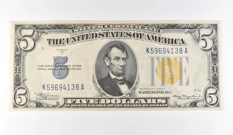 1934 A $5 Silver Certificate Yellow Seal North African a9714