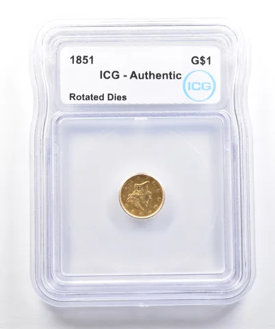 1851 $1 Liberty Head Gold Dollar Error Rotated Dies Authentic ICG *7397