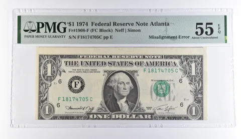 1974 $1 Atlanta GA FRN Misalign Error Fr#1908-F About Unc 55 EPQ PMG *9504