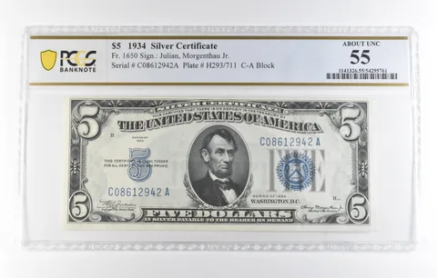 1934 $5 Silver Certificate Fr#1650 About Unc 55 PCGS *7932