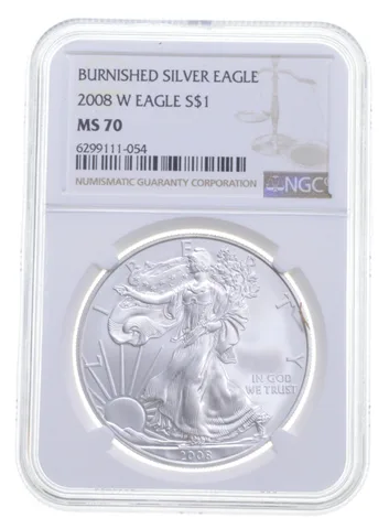 2008-W BURNISHED SILVER EAGLE MS70 NGC CLASSIC BROWN LABEL