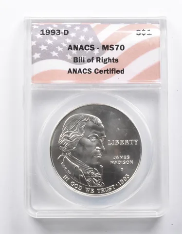 MS70 1993-D Bill Of Rights Commemorative Silver Dollar ANACS *1009