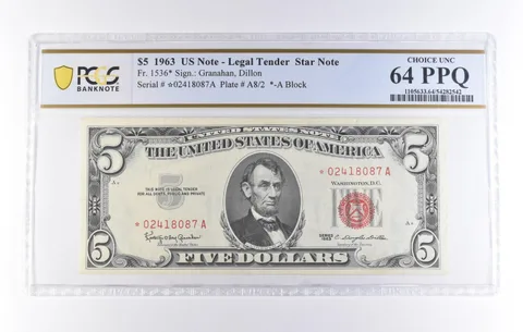 1963 $5 Legal Tender Star Note Fr#1536* Choice Unc 64 PPQ PCGS *8225