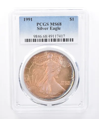 1991 American Silver Eagle MS68 PCGS Purple/Orange Tone *8407