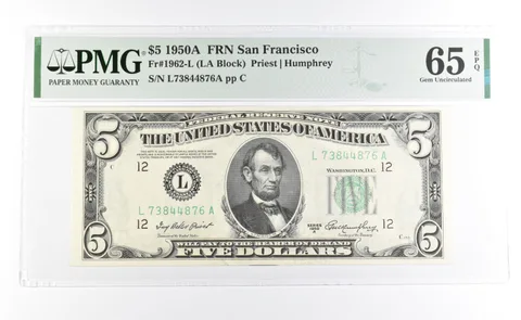PMG 65 Gem Unc EPQ 1950 A $5 San Francisco, CA US FRN Green Seal Fr#1962-L *1020
