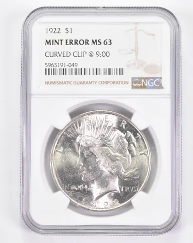Mint Error MS63 1922 Peace Silver Dollar - Curved Clip @ 9:00 - Graded NGC *8898