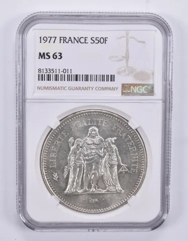 1977 France 50 Francs Silver MS63 NGC Brown Label