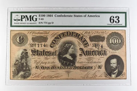 1864 $100 Confederate States of America T-65 Choice Uncirculated 63 PMG *0957
