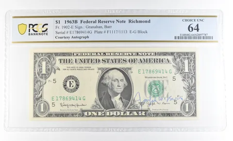 1963 B $1 Richmond VA FRN Courtesy Autograph FR#1902-E Unc 64 PCGS Barr *0626