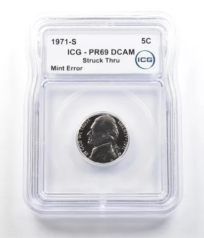 1971-S Jefferson Nickel Mint Error Struck Thru PR69 DCAM ICG *7381