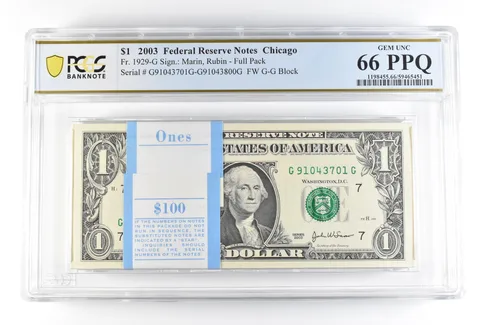 (100) 2003 $1 Chicago IL FRN Fr#1929-G Full Pack Gem Unc 66 PPQ PCGS *0195