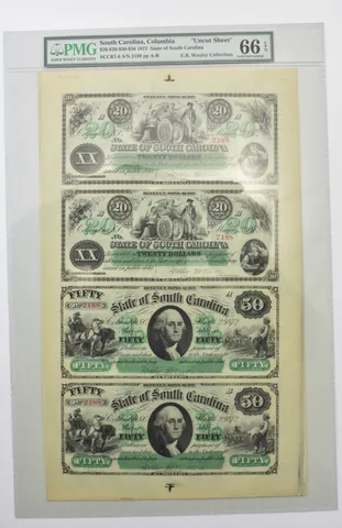 1872 $20-$20-$50-$50 Columbia SC Uncut Sheet Gem Unc 66 EPQ PMG *8566