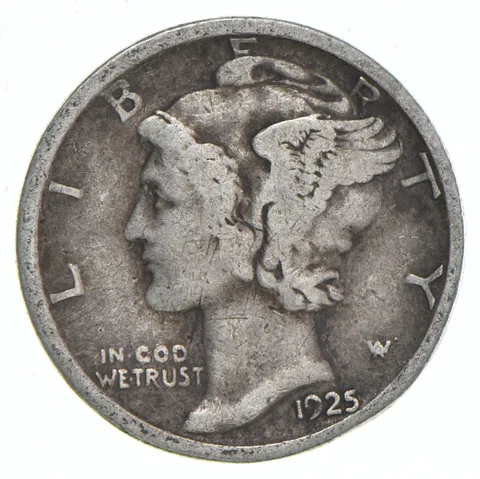 VG+ 1925 Mercury 90% Silver Dime