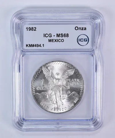 1982 Mo Mexico 1 Onza Silver Libertad KM#494.1 MS68 ICG