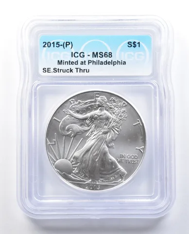 2015 (P) American Silver Eagle Mint Error Struck Thru MS68 ICG a1351