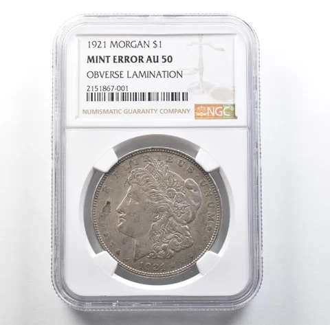1921 Morgan Silver Dollar Mint Error Obverse Lamination AU50 NGC *3185