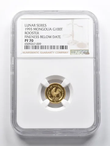 PF70 1993 Mongolia 100 Togrog Gold Lunar Rooster Fineness Below Date NGC a1569