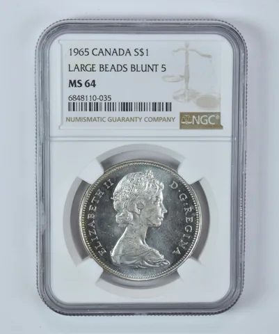 MS64 1965 Canada Silver $1 Large Beads Blunt 5 NGC Beautiful Tone Reverse a5308