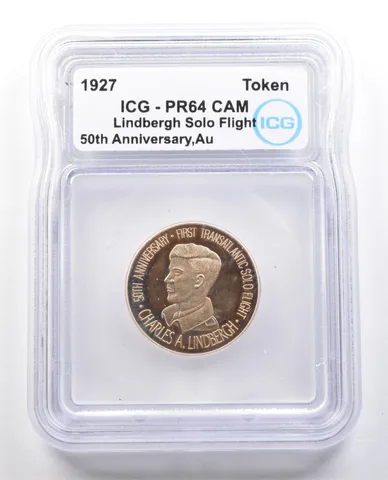1927 Gold Token Lindbergh Solo Flight 50th Anniversary PR64 CAM ICG *4322