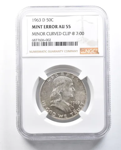 1963-D Franklin Half Dollar Mint Error Minor Curved Clip @ 7:00 AU55 NGC *8263
