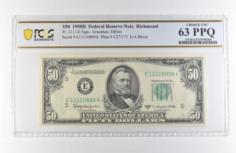 1950 D $50 Richmond VA FRN Fr#2111-E Choice Unc 63 PPQ PCGS *7905
