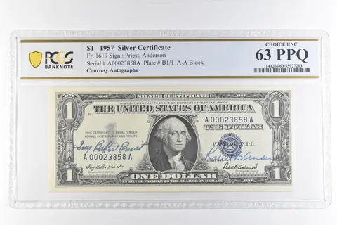 1957 $1 Silver Certificate Courtesy Autographs Fr#1619 Unc 63 PPQ PCGS *6918