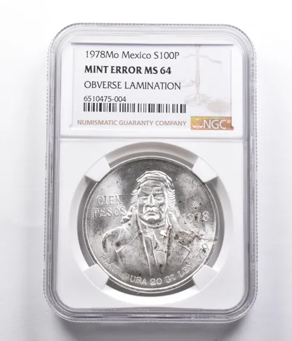 MS64 Mint Error 1978 Mo Mexico 100 Silver Pesos OBV Lamination NGC *4064