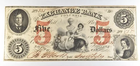 1854 $5 Columbia SC Exchange Bank Obsolete Note *8783