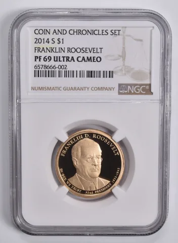2014-S Presidential $1 Franklin Roosevelt Coin & Chronicles PF69 NGC Brown Lbl
