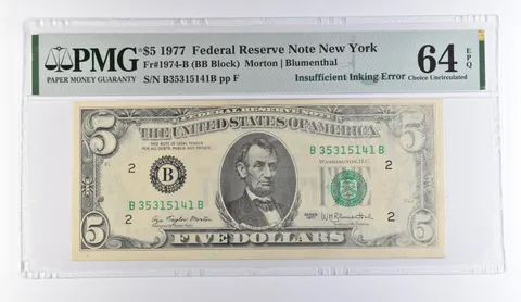 1977 $5 New York FRN Insufficient Inking Error Fr#1974-B 64 EPQ PMG *9442