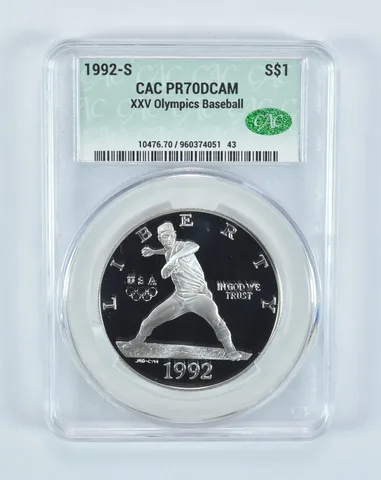 1992-S Olympic Baseball Commemorative Silver Dollar PR70 DCAM CAC CACg