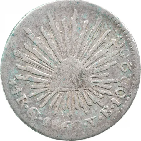 1862 Go/YE Mexico 1/2 Real Shipwreck Coin 1.6h a9570