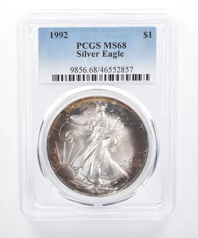 1992 American Silver Eagle MS68 PCGS Peripheral Rainbow Tone *8430