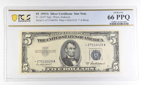 1953 A $5 Silver Certificate Star Note Fr#1656* Gem Unc 66 PPQ PCGS *2862