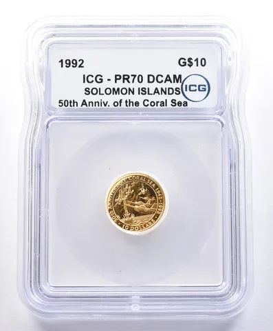 1992 Solomon Islands $10 Gold The Coral Sea PR70 DCAM ICG 1/10th *4043