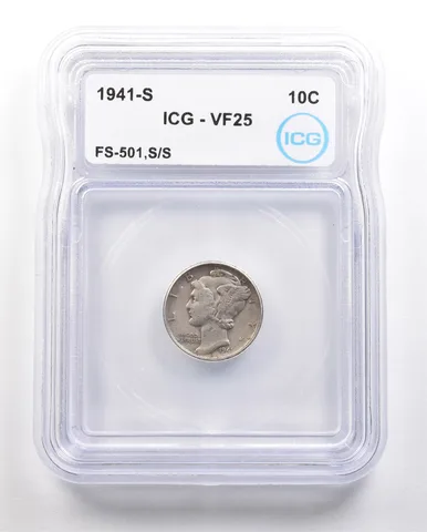 1941-S Mercury Dime FS-501 S/S VF25 ICG *6419