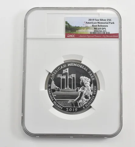 2019 5 Oz Silver Quarter ATB American Memorial Park FR MS69 DPL NGC a1607