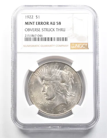 1922 Peace Silver Dollar Mint Error Obverse Struck Thru AU58 NGC *1314