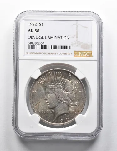 AU58 1922 Peace Silver Dollar OBV Lamination NGC *1913