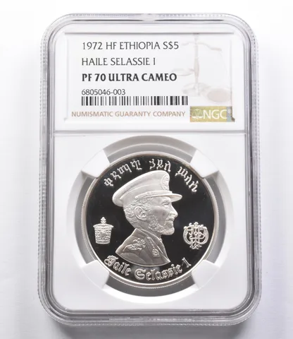 PF70 UCAM 1972 HF Ethiopia 5 Dollars .999 Silver Haile Selassie I NGC *2915