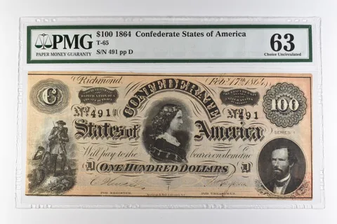 1864 $100 Confederate States of America T-65 Choice Uncirculated 63 PMG a0964