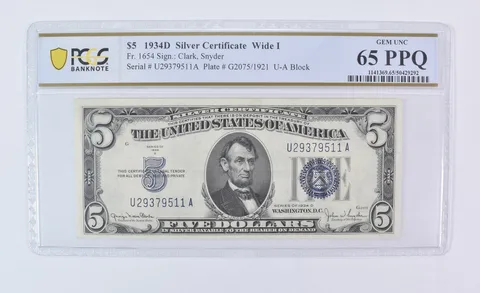 1934 D $5 Silver Certificate Wide I Fr#1654 Gem Unc 65 PPQ PCGS