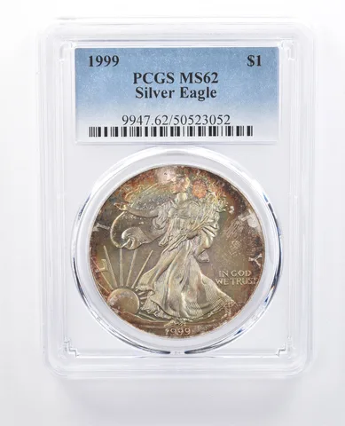 1999 American Silver Eagle MS62 PCGS Rainbow Tone *8172