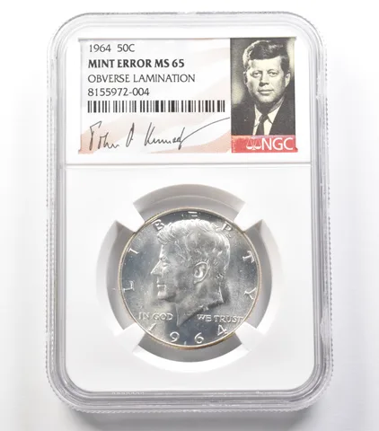 1964 Kennedy Half Dollar Mint Error MS65 Obverse Lamination NGC a3683