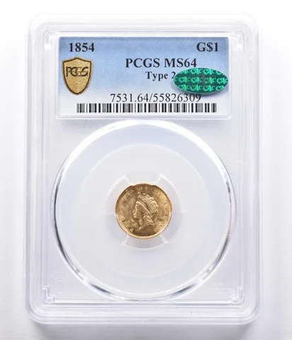 1854 $1 Indian Princess Head Gold Dollar Piece Type 2 MS64 PCGS CAC *2335