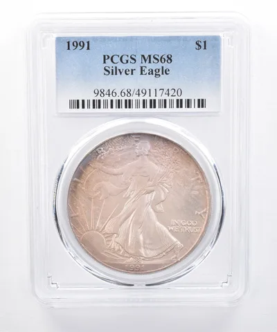 1991 American Silver Eagle MS68 PCGS Purple/Orange Tone *8456