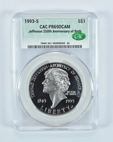 1993-S Thomas Jefferson Commemorative Silver Dollar PR69 DCAM CAC CACg