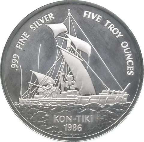 1986 Samoa Islands 25 Dollars Kon-Tiki 5 Troy Ounces Silver a2498